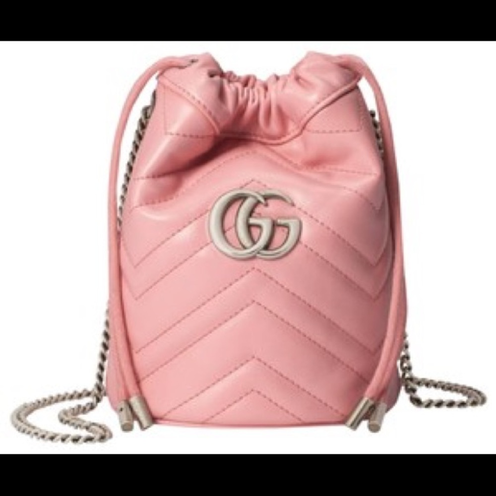 NEW  GUCCI Chevron Calfskin Pink Leather GG Marmont Mini Bucket Chain Bag - Picture 2 of 13